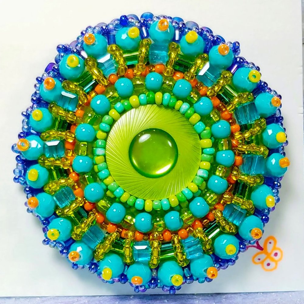 Beaded-Embroidery Turquoise Mandala Brooch: BOHO Fashion Pin